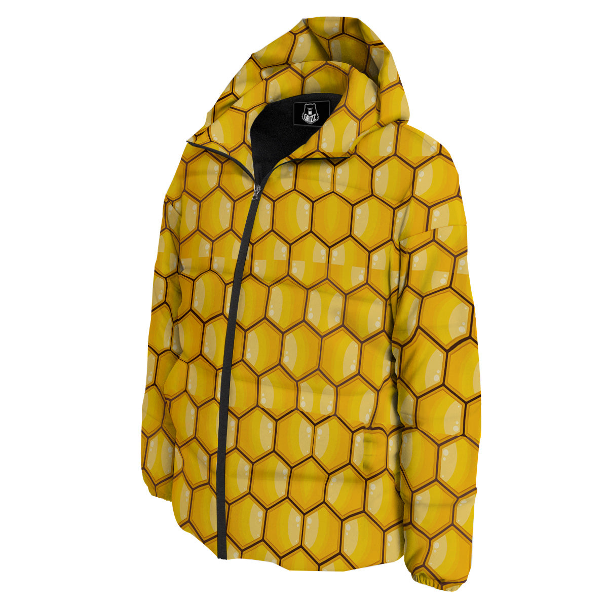 Yellow Honeycomb Print Pattern Down Jacket-grizzshop