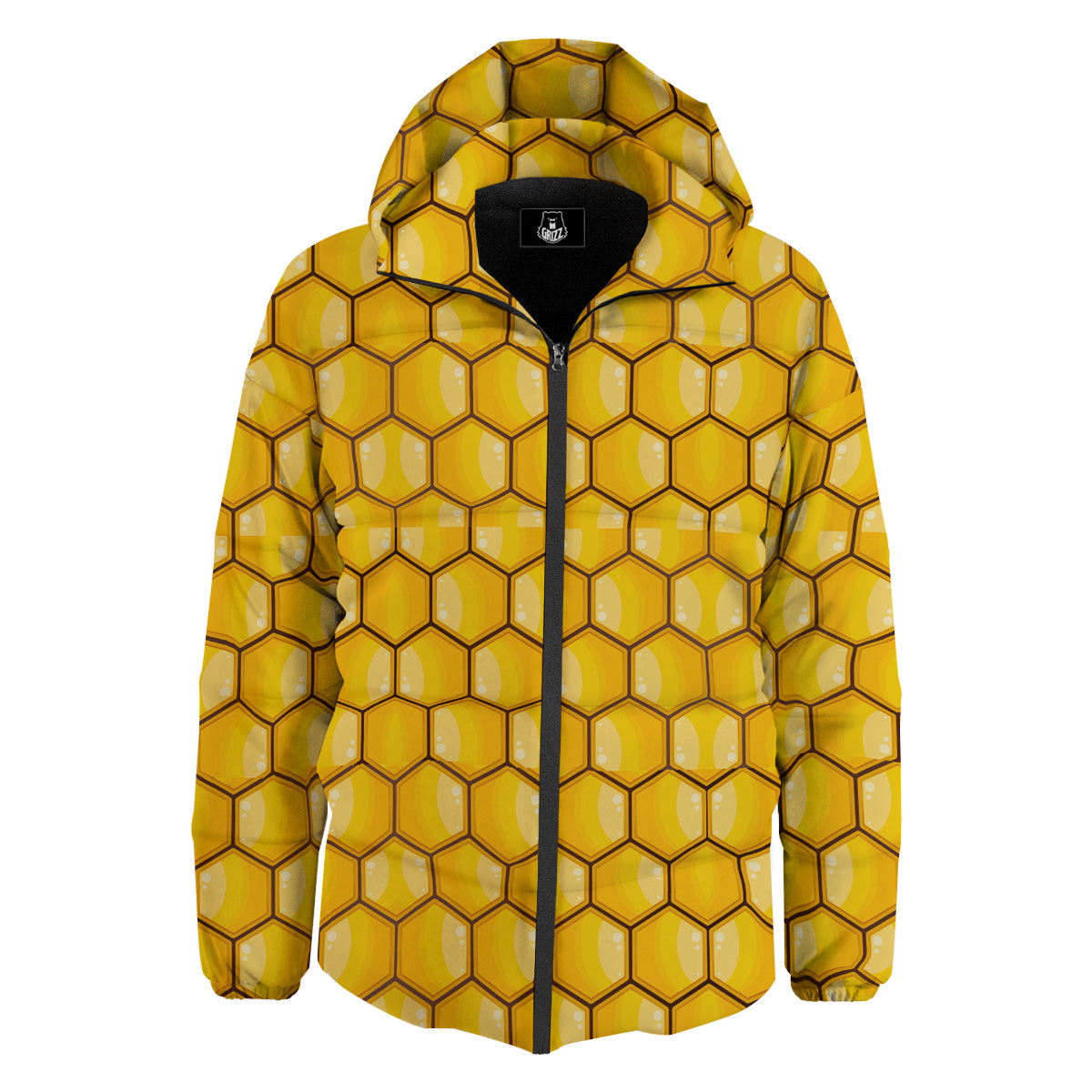 Yellow Honeycomb Print Pattern Down Jacket-grizzshop