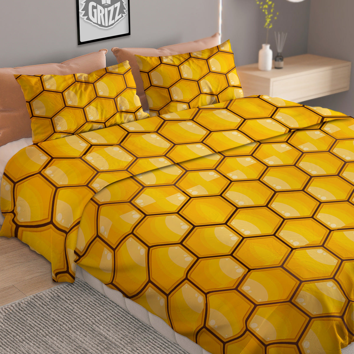 Yellow Honeycomb Print Pattern Duvet Cover Bedding Set