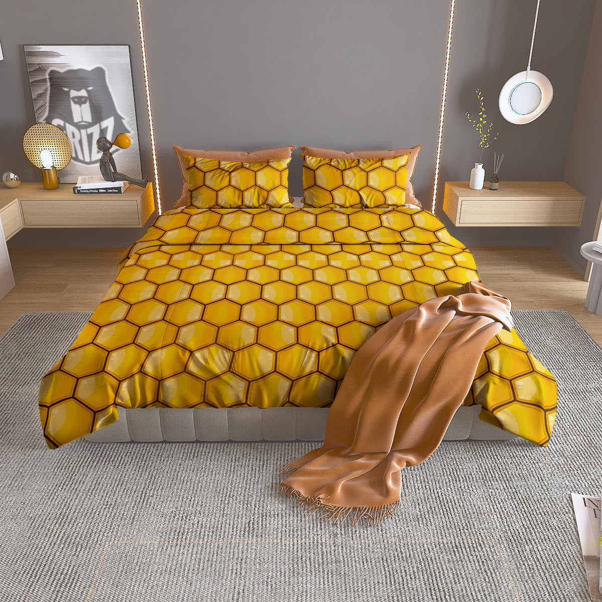 Yellow Honeycomb Print Pattern Duvet Cover Bedding Set