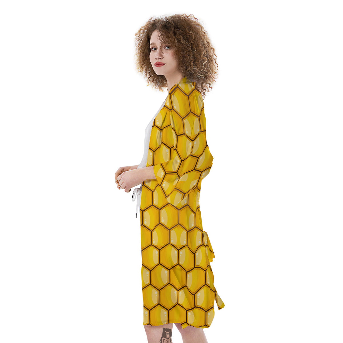 Yellow Honeycomb Print Pattern Kimono-grizzshop