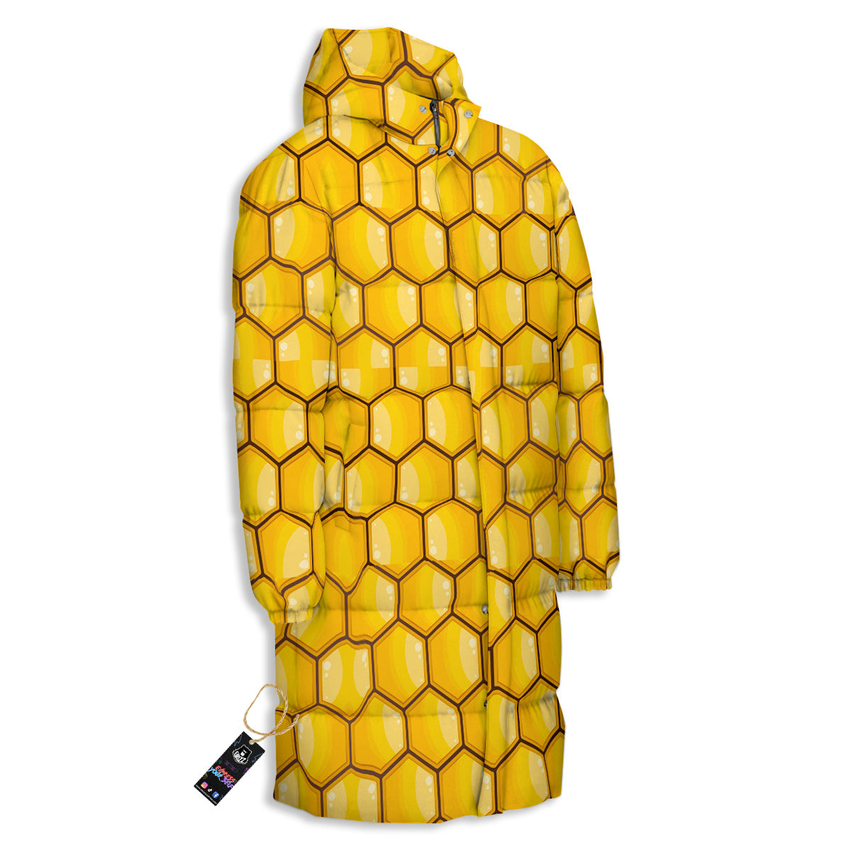 Yellow Honeycomb Print Pattern Long Down Jacket-grizzshop