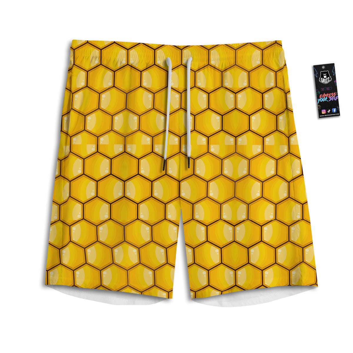 Yellow Honeycomb Print Pattern Men's Athletic Shorts