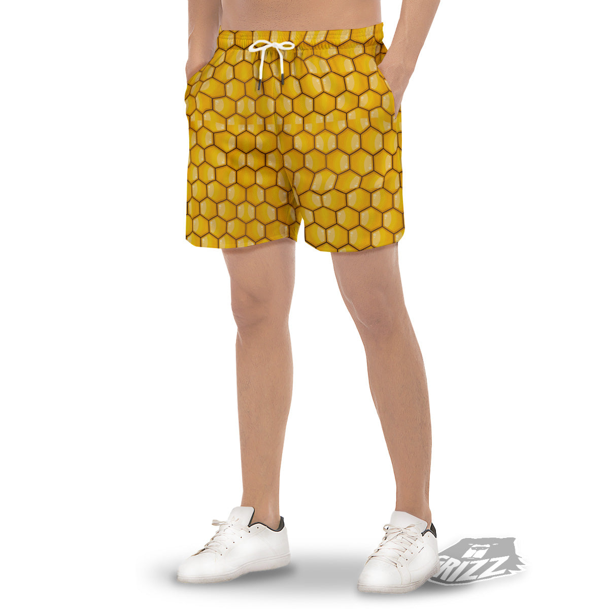 Yellow Honeycomb Print Pattern Men's Gym Shorts-grizzshop