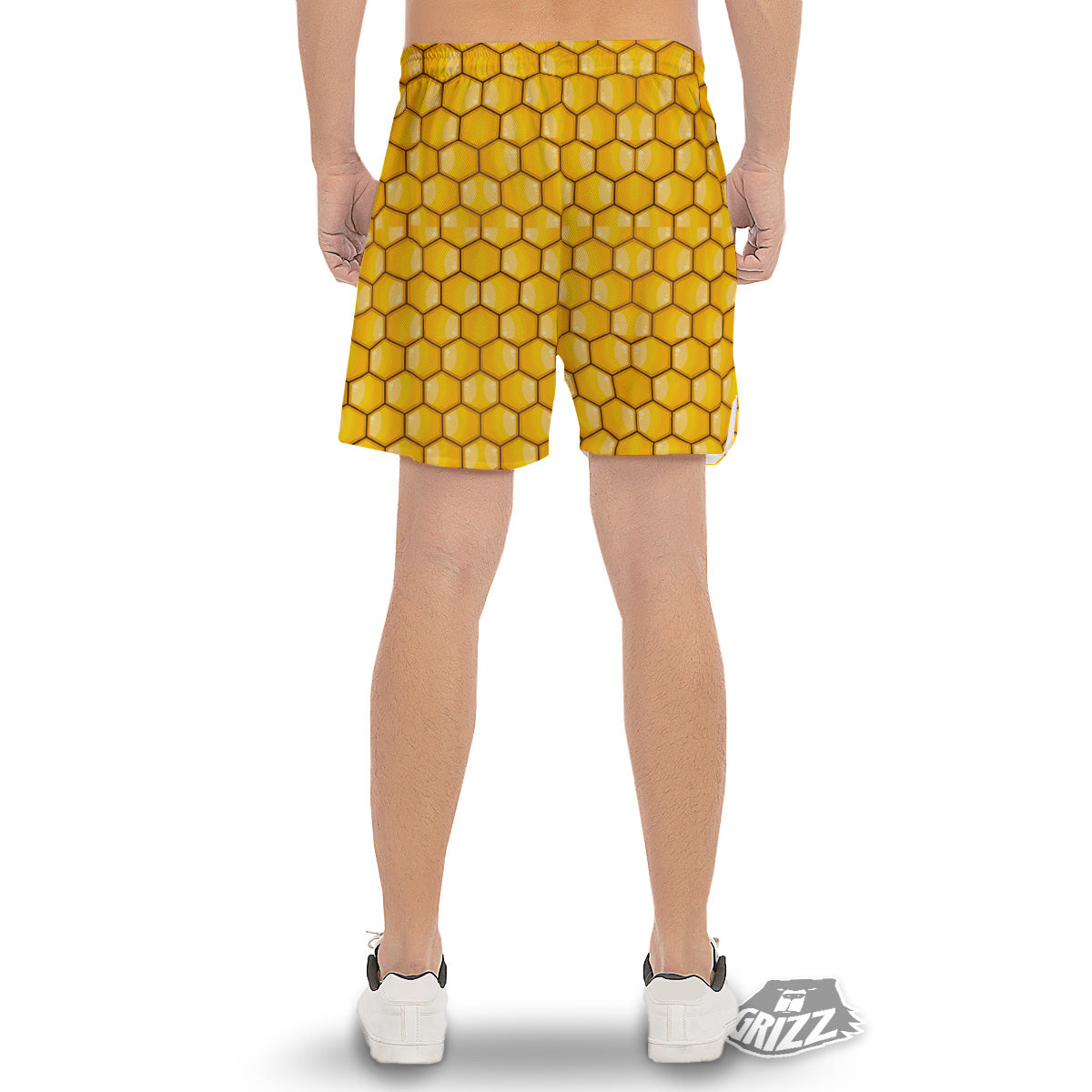 Yellow Honeycomb Print Pattern Men's Gym Shorts-grizzshop