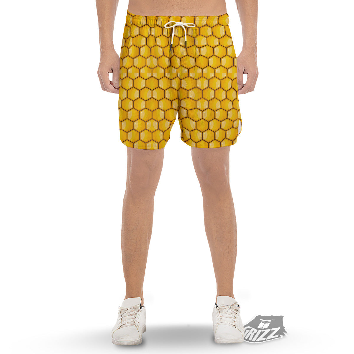 Yellow Honeycomb Print Pattern Men's Gym Shorts-grizzshop