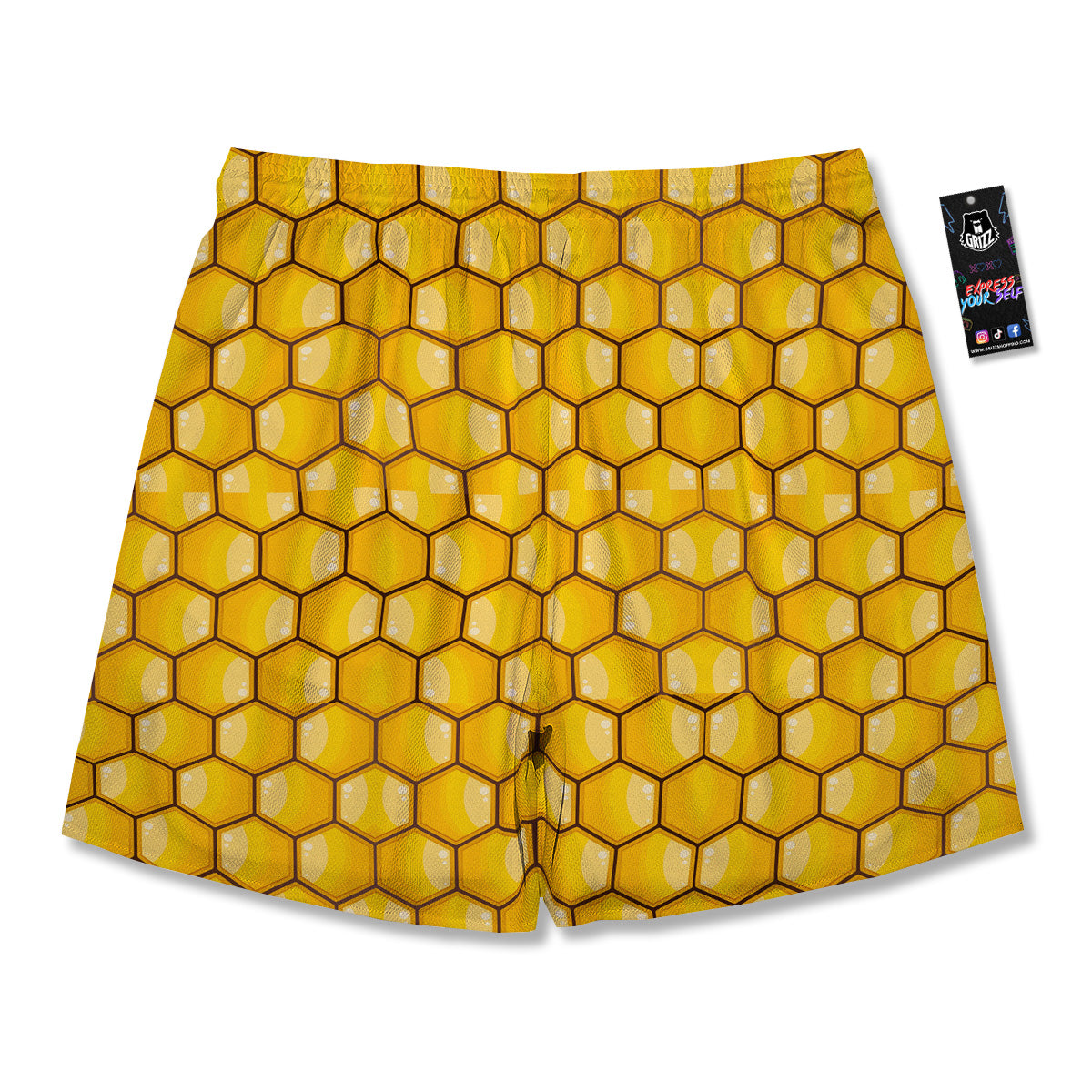 Yellow Honeycomb Print Pattern Men's Running Shorts-grizzshop
