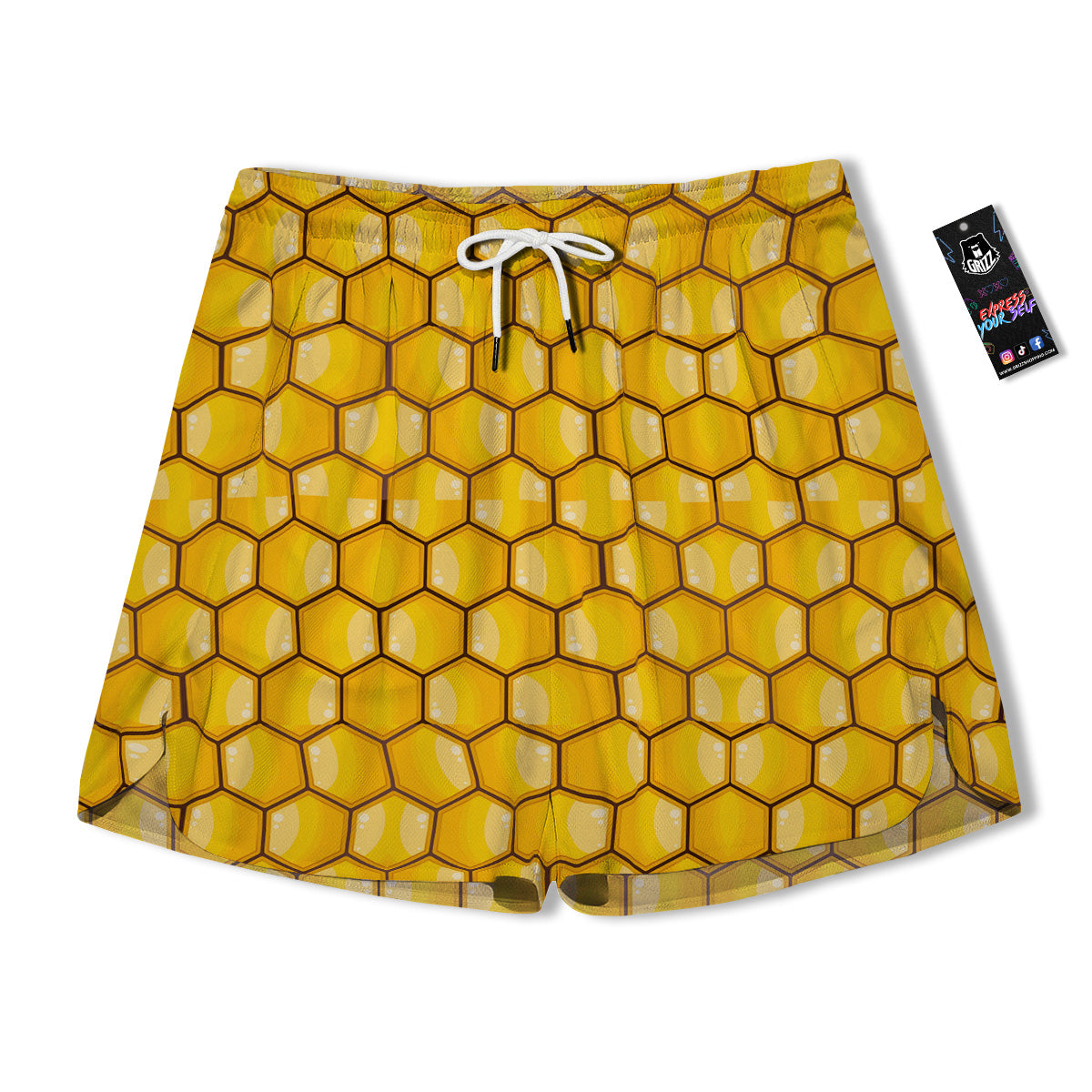 Yellow Honeycomb Print Pattern Men's Running Shorts-grizzshop