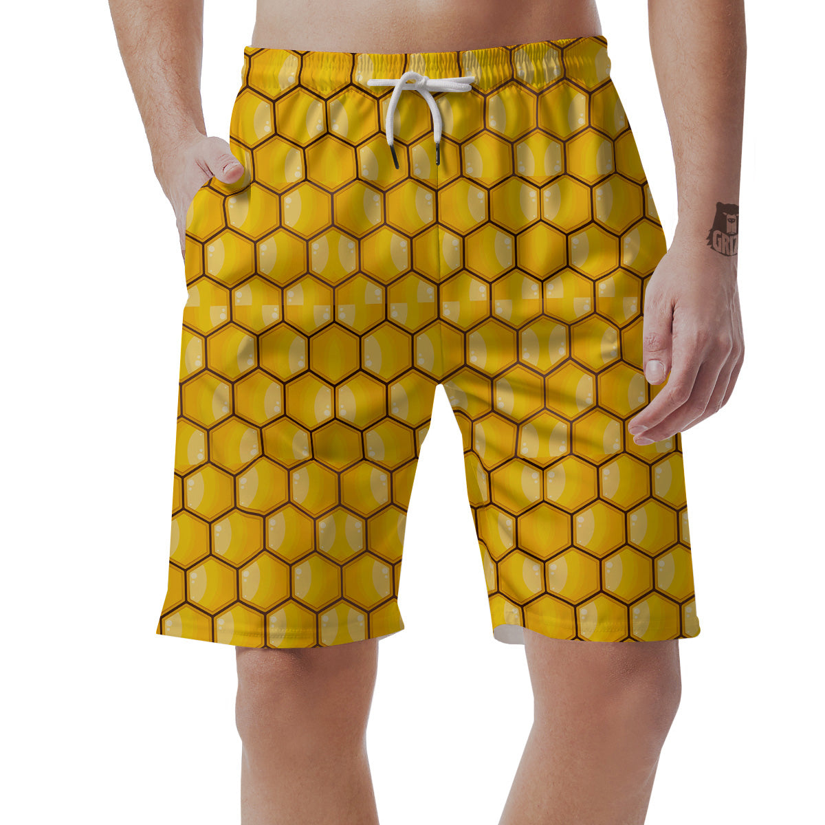 Yellow Honeycomb Print Pattern Men's Shorts-grizzshop