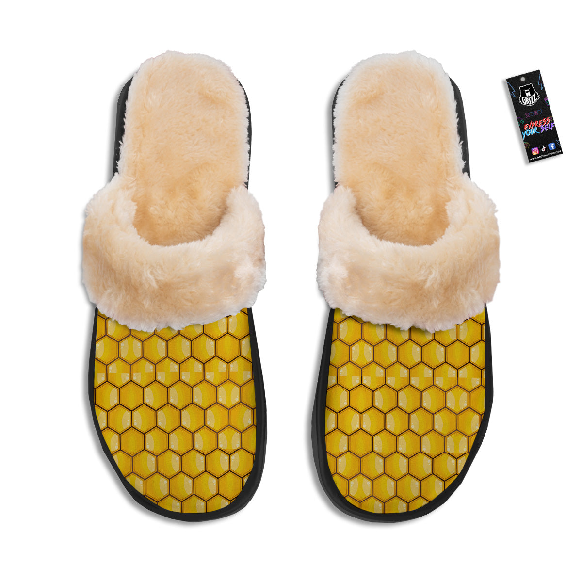Yellow Honeycomb Print Pattern Slippers-grizzshop