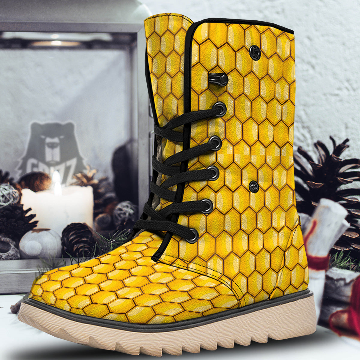 Yellow Honeycomb Print Pattern Snow Boots-grizzshop