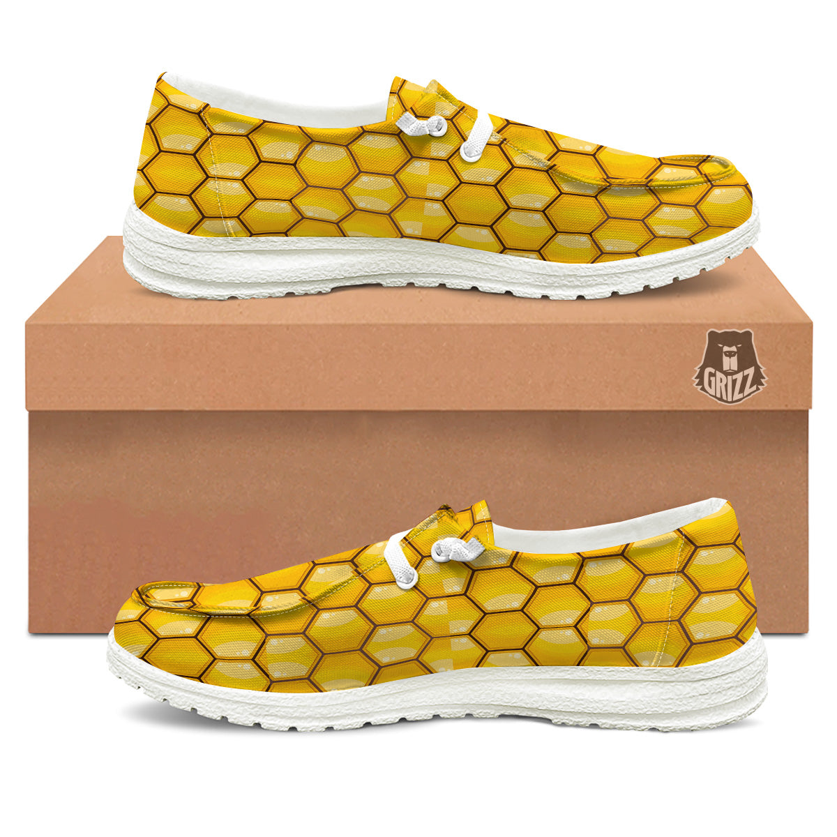 Yellow Honeycomb Print Pattern White Loafers-grizzshop