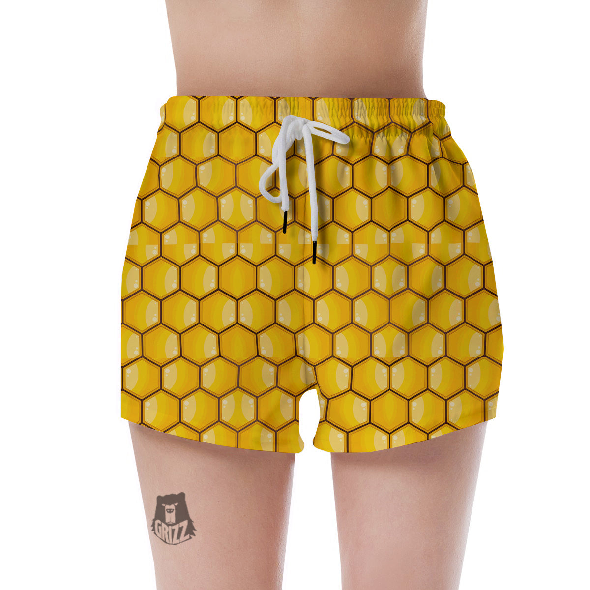 Yellow Honeycomb Print Pattern Women's Shorts-grizzshop