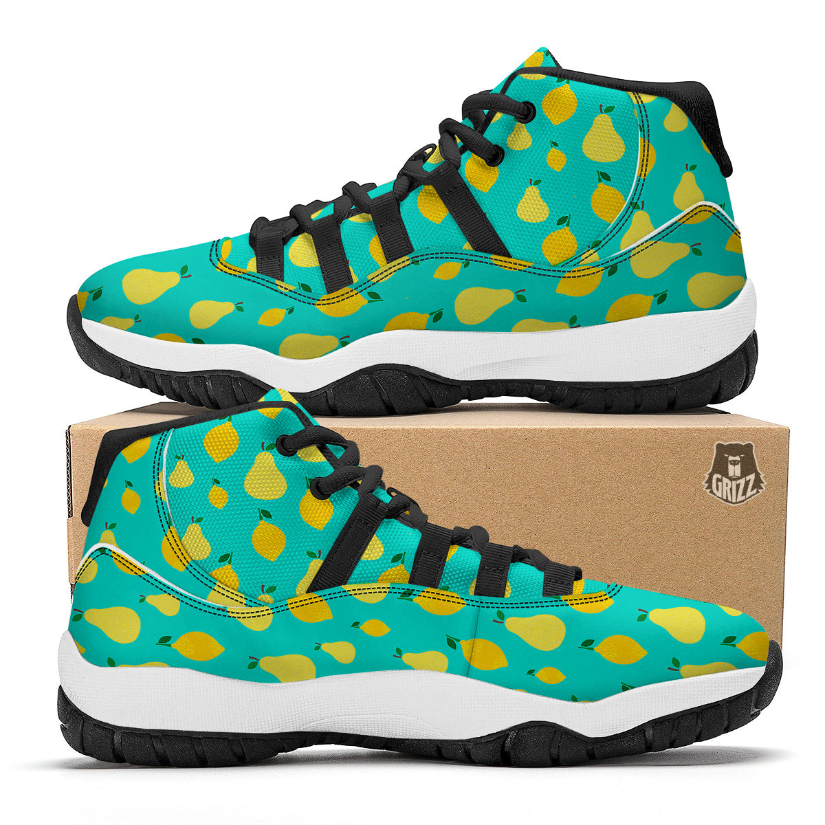 Yellow Lemon And Pear Print Pattern Black Bball Shoes-grizzshop