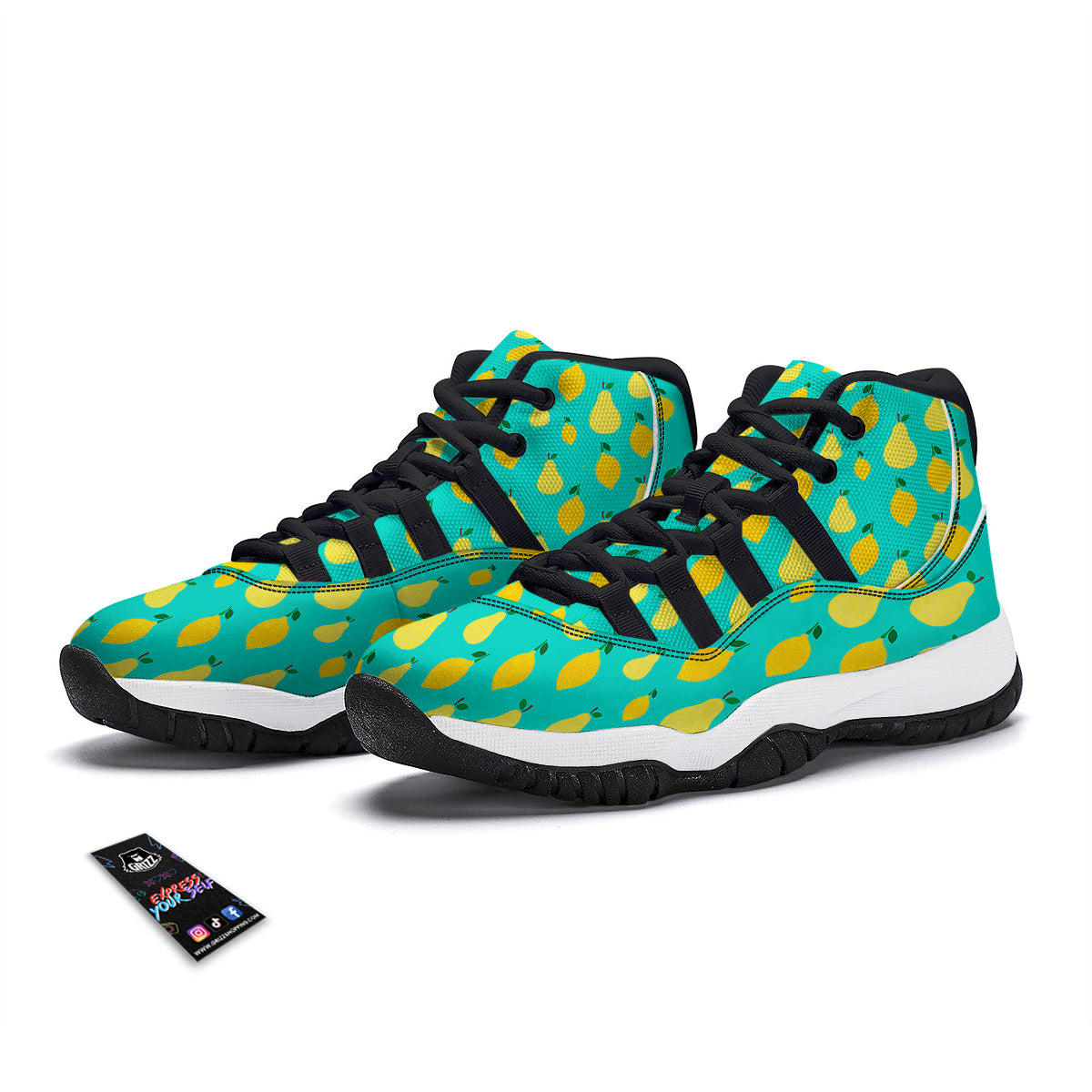 Yellow Lemon And Pear Print Pattern Black Bball Shoes-grizzshop