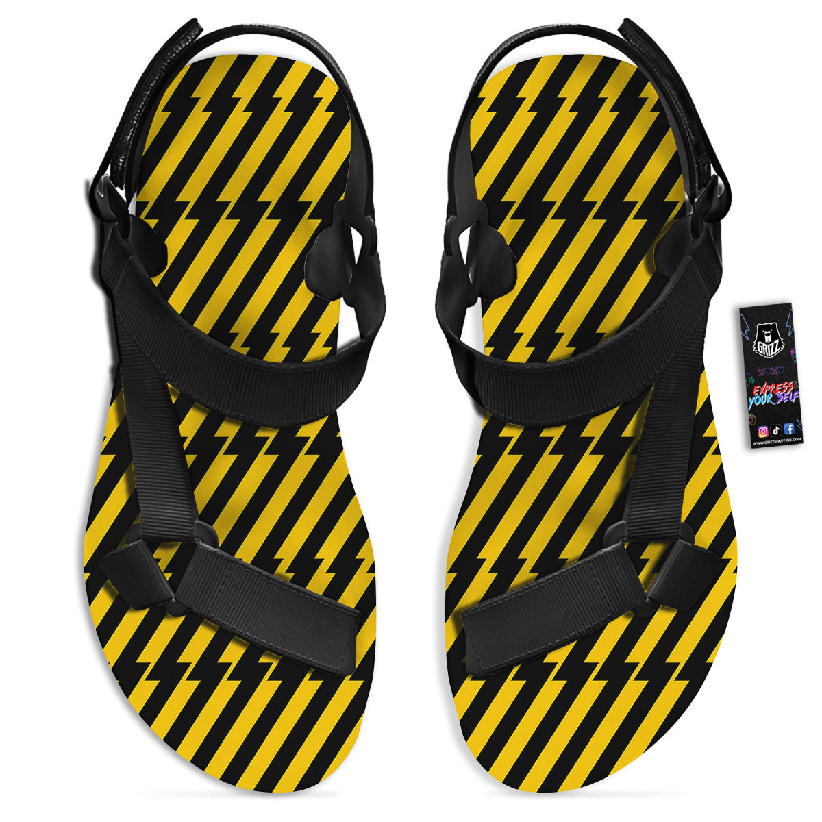 Yellow Lightning Spark Print Pattern Black Open Toe Sandals-grizzshop