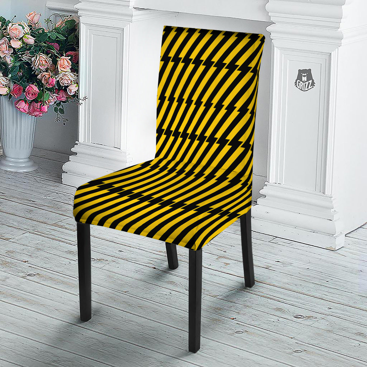 Yellow Lightning Spark Print Pattern Dining Chair Slipcover-grizzshop