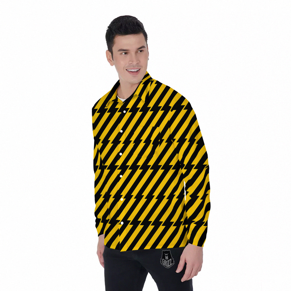 Yellow Lightning Spark Print Pattern Men's Long Sleeve Shirts-grizzshop