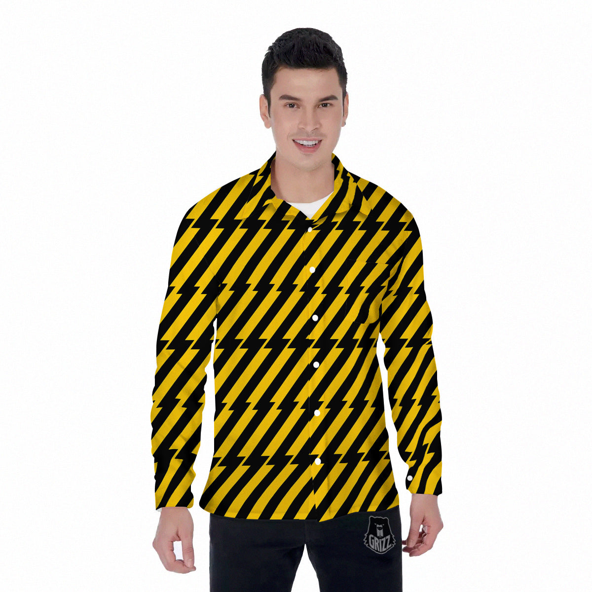 Yellow Lightning Spark Print Pattern Men's Long Sleeve Shirts-grizzshop