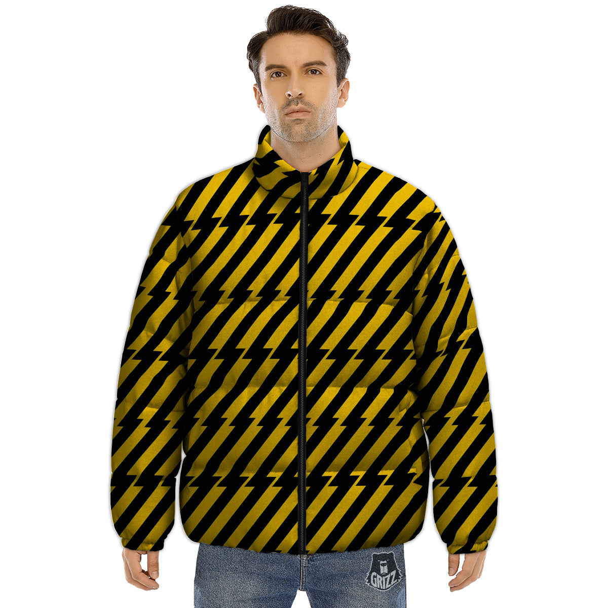 Yellow Lightning Spark Print Pattern Puffer Jacket-grizzshop