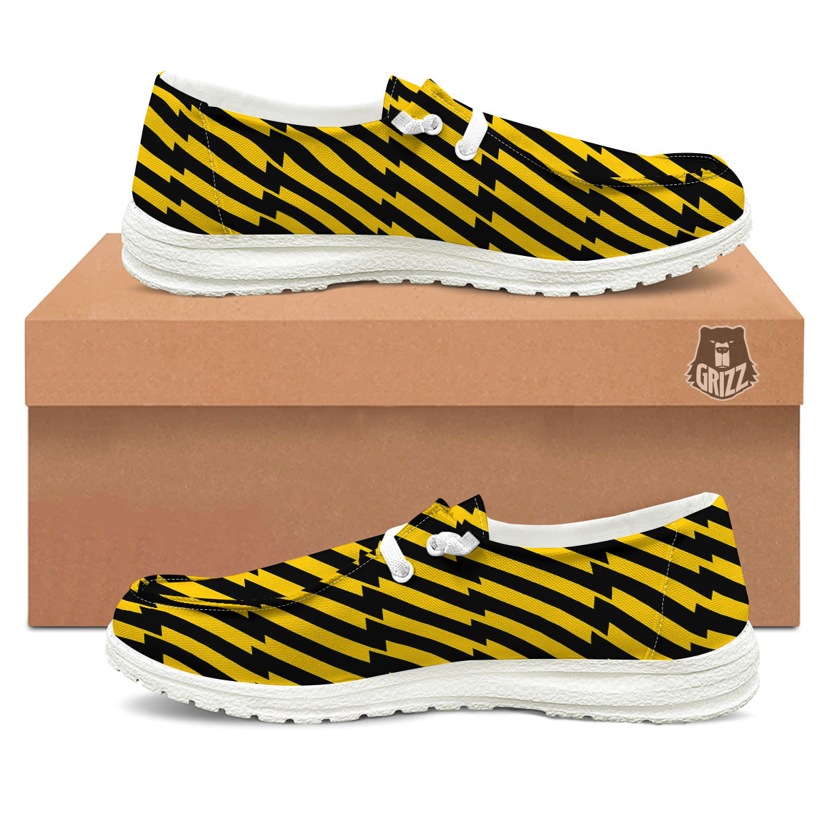 Yellow Lightning Spark Print Pattern White Loafers-grizzshop