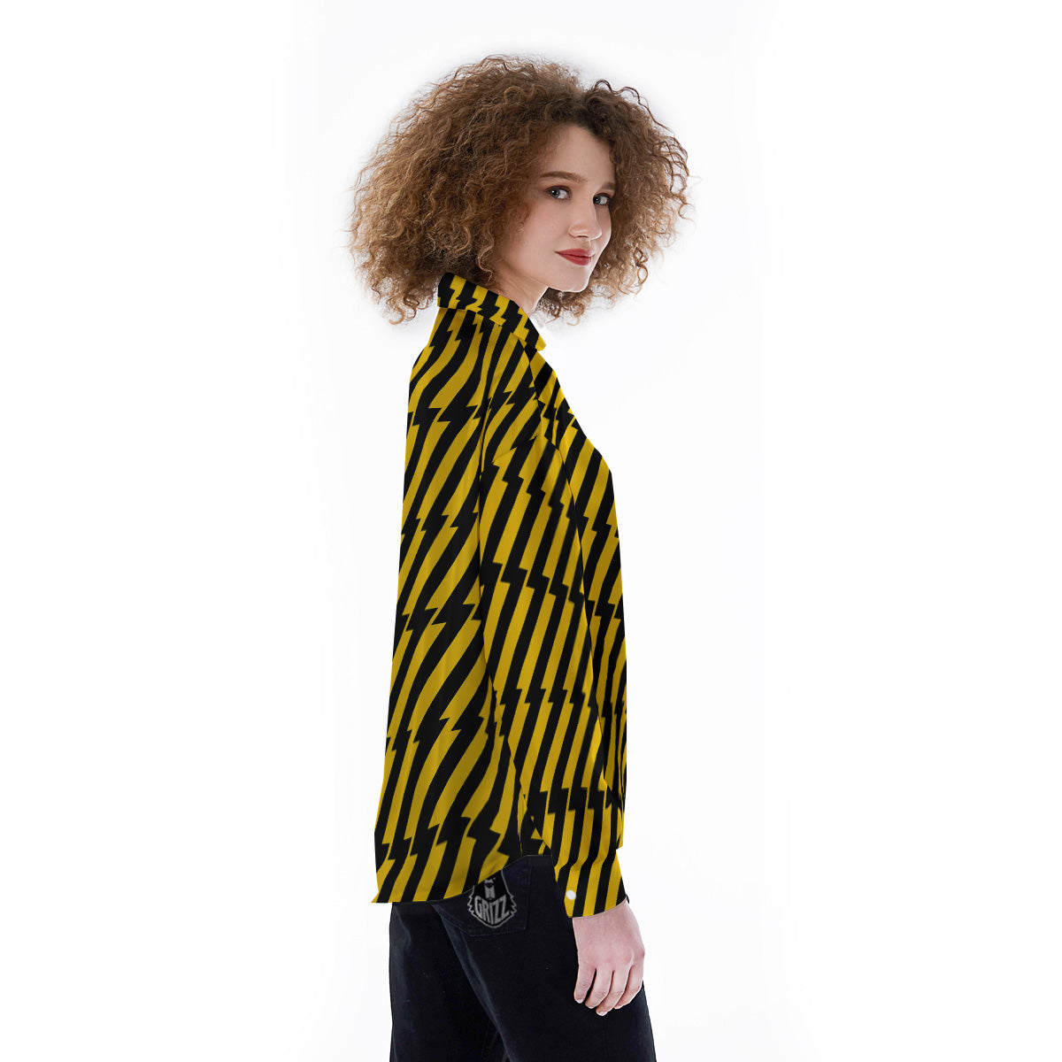 Yellow Lightning Spark Print Pattern Women's Long Sleeve Shirts-grizzshop