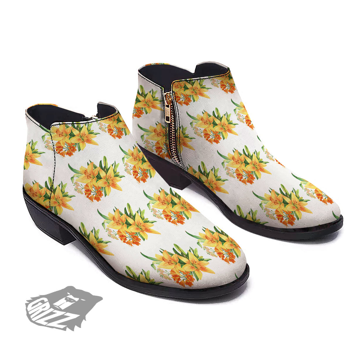 Yellow Lily Watercolor Print Pattern Ankle Boots-grizzshop