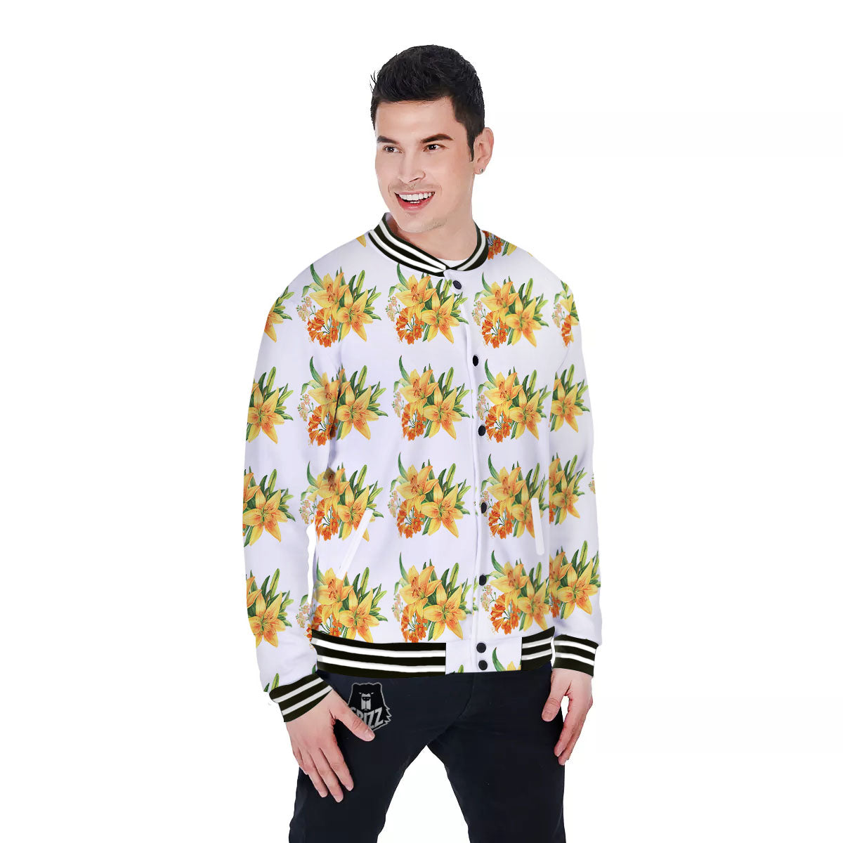 Yellow Lily Watercolor Print Pattern Baseball Jacket-grizzshop