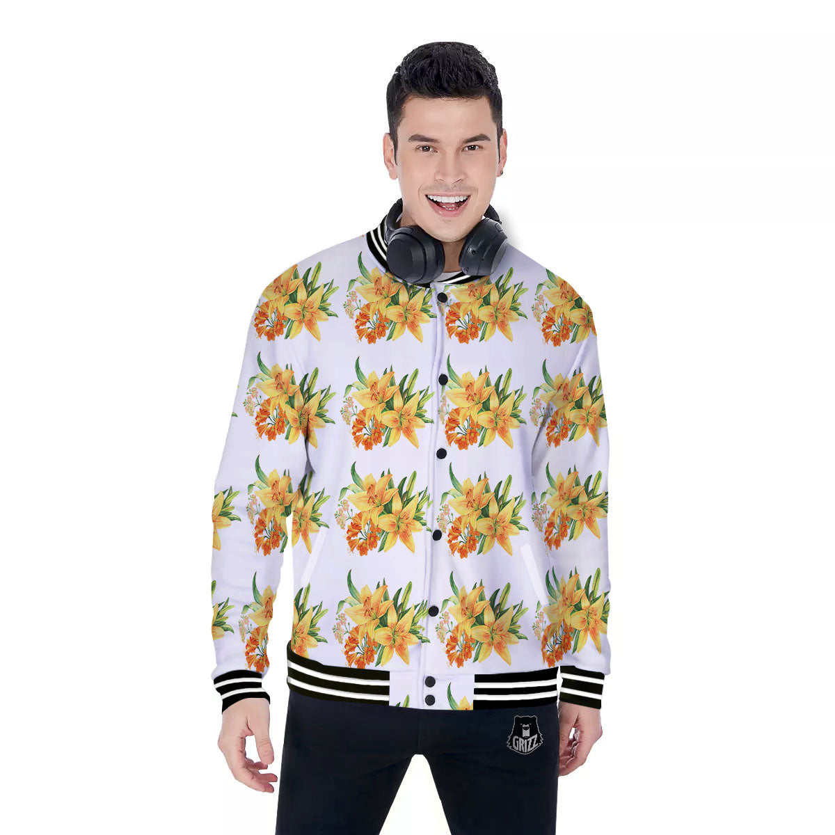 Yellow Lily Watercolor Print Pattern Baseball Jacket-grizzshop