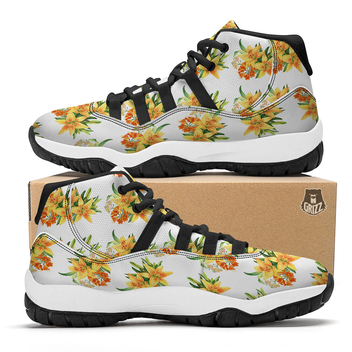 Yellow Lily Watercolor Print Pattern Black Bball Shoes-grizzshop