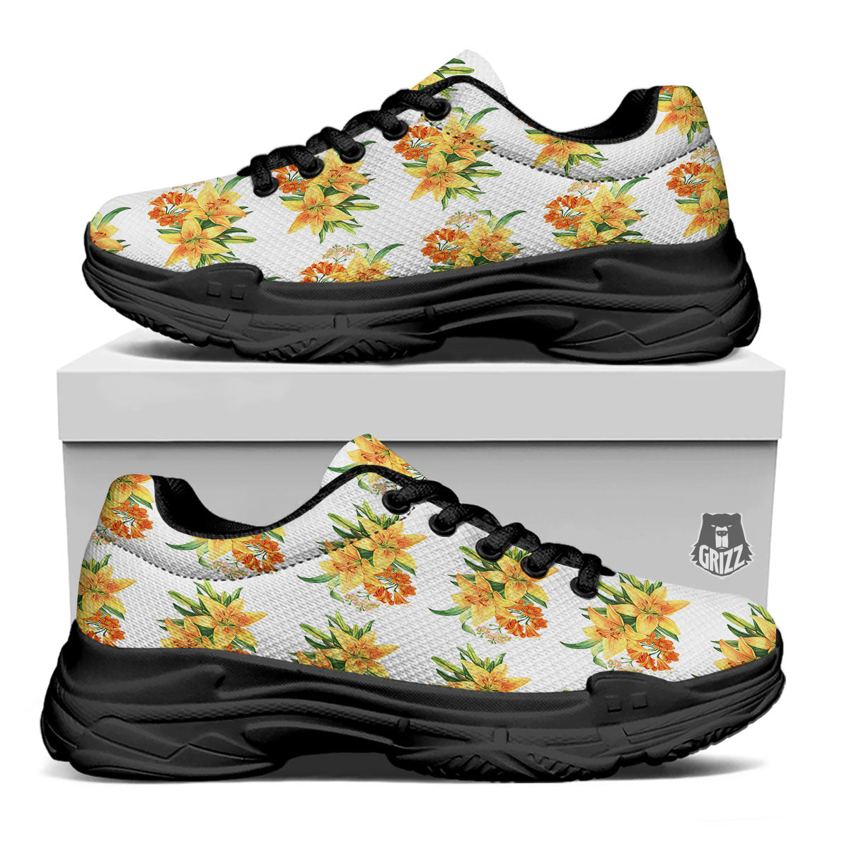 Yellow Lily Watercolor Print Pattern Black Chunky Shoes-grizzshop