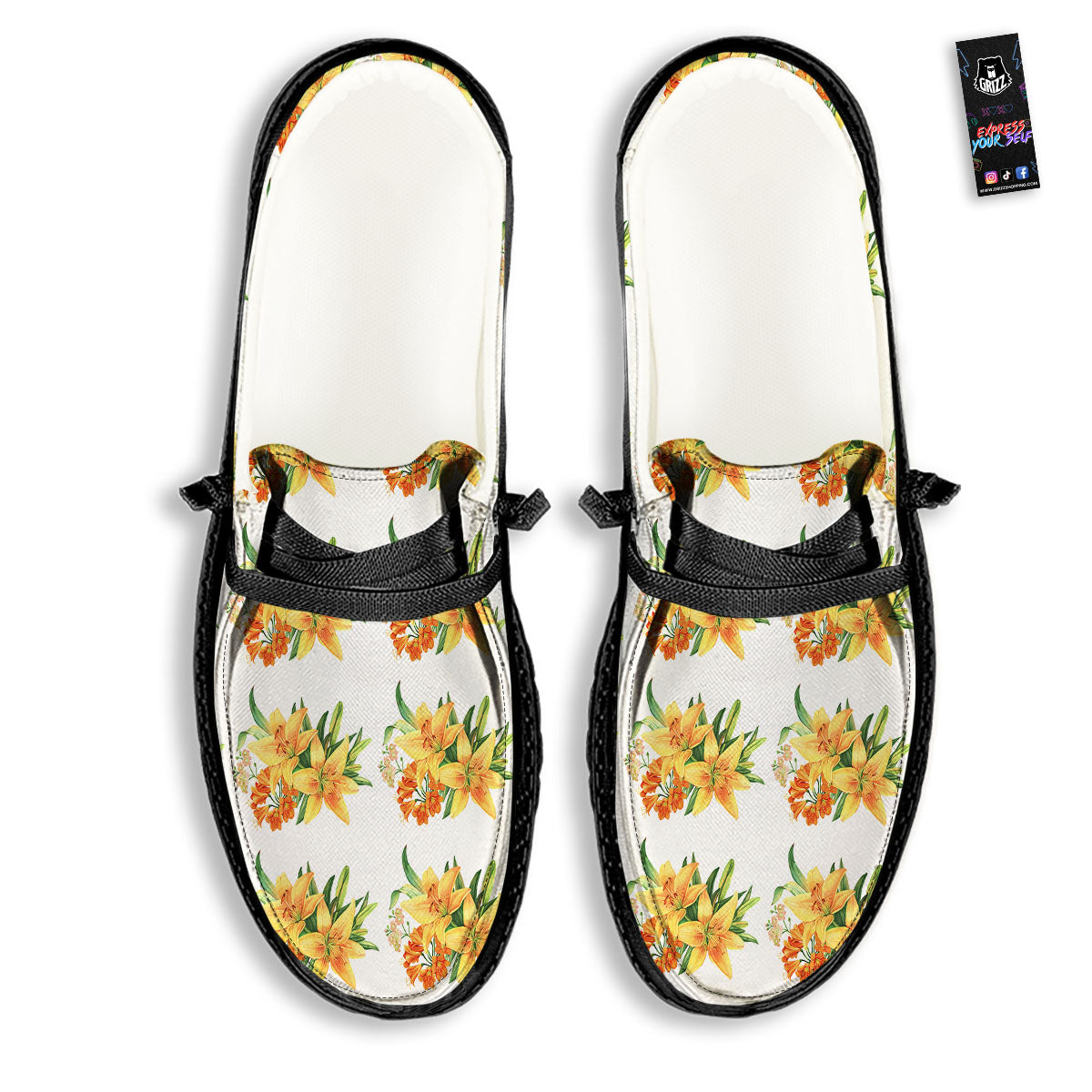 Yellow Lily Watercolor Print Pattern Black Loafers-grizzshop
