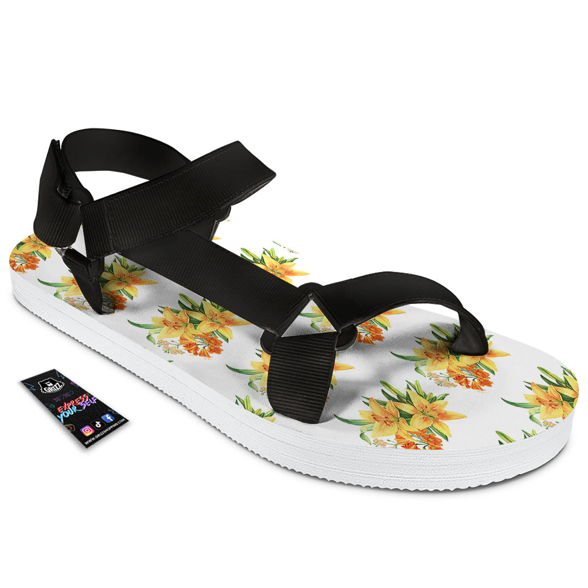 Yellow Lily Watercolor Print Pattern Black Open Toe Sandals-grizzshop