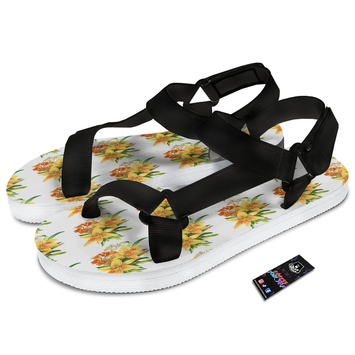 Yellow Lily Watercolor Print Pattern Black Open Toe Sandals-grizzshop