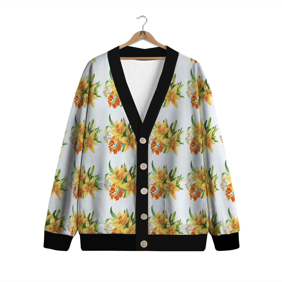 Yellow Lily Watercolor Print Pattern Cardigan-grizzshop