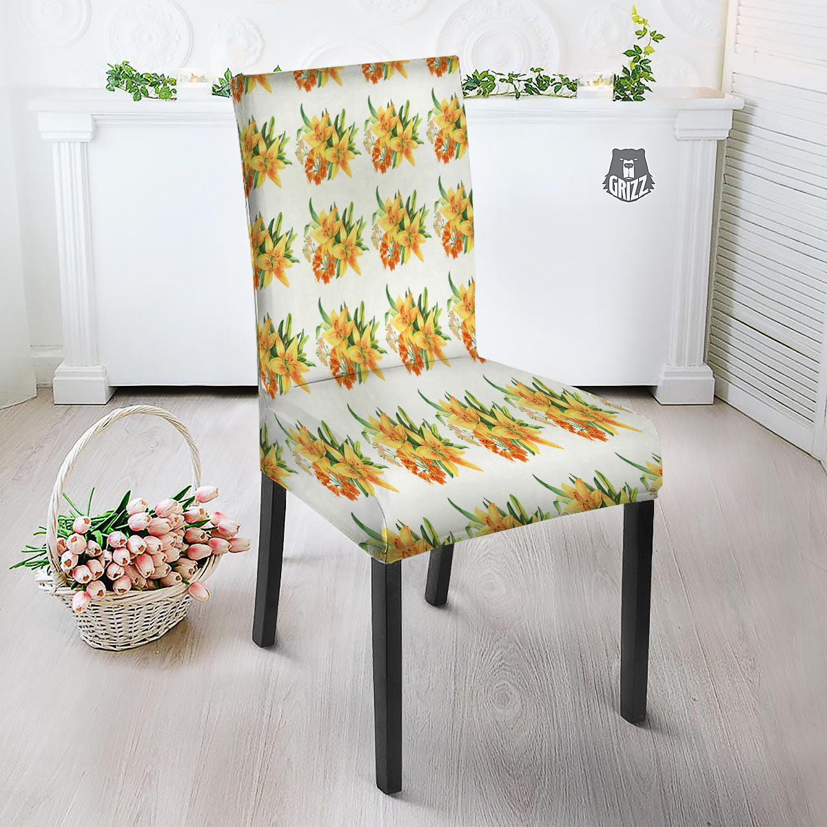Yellow Lily Watercolor Print Pattern Dining Chair Slipcover-grizzshop