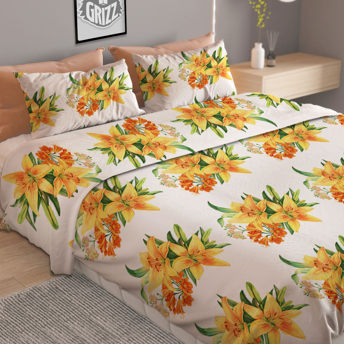 Yellow Lily Watercolor Print Pattern Duvet Cover Bedding Set