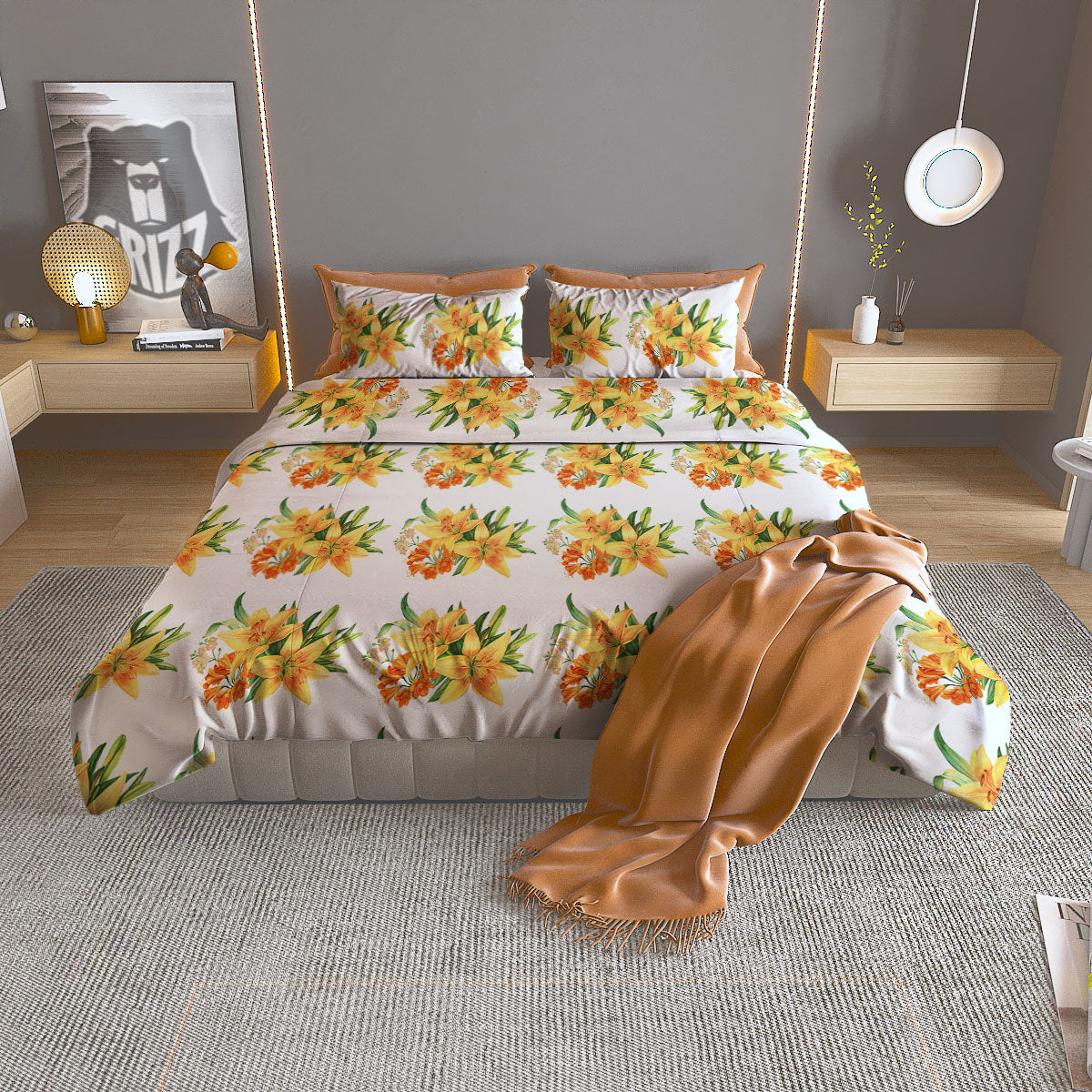Yellow Lily Watercolor Print Pattern Duvet Cover Bedding Set