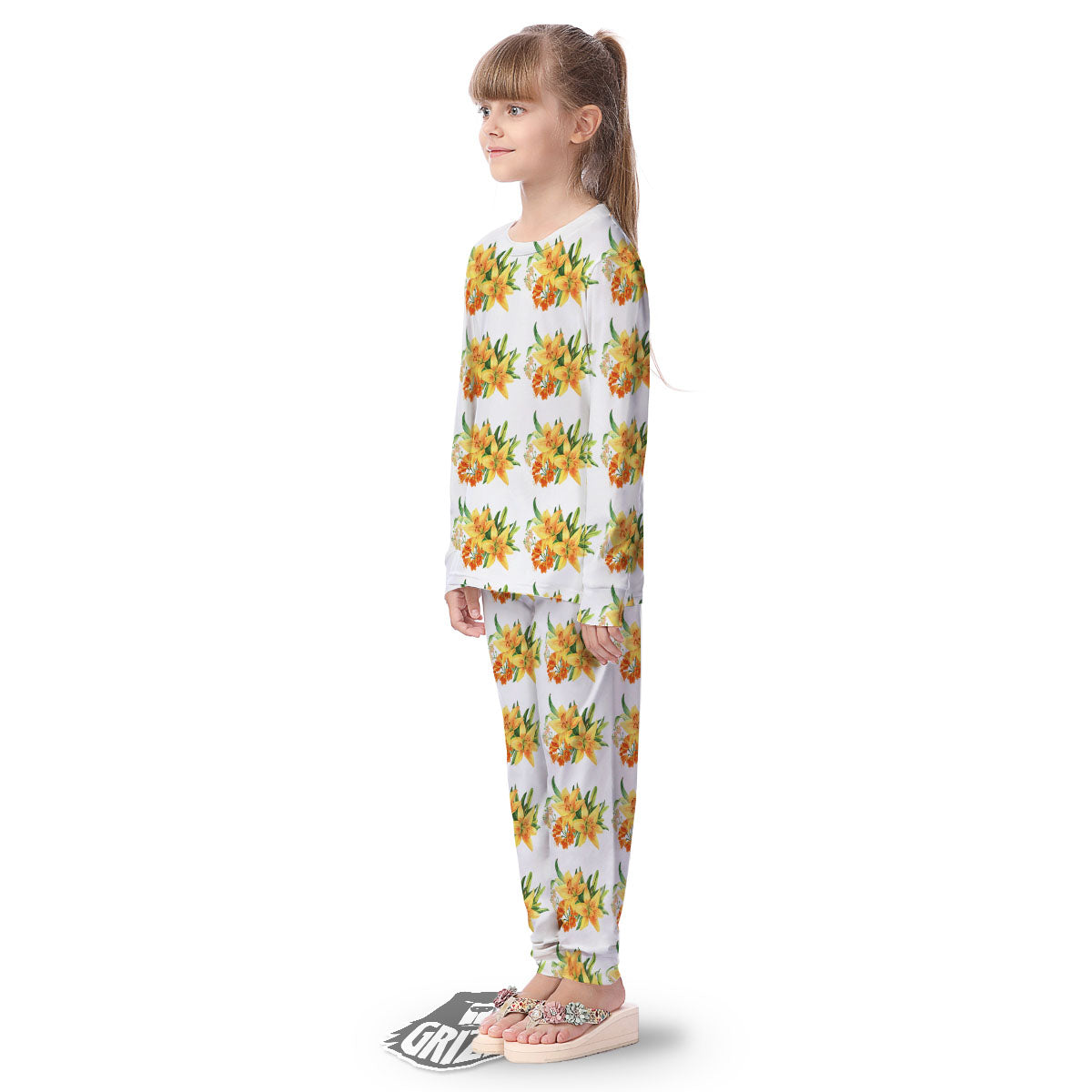 Yellow Lily Watercolor Print Pattern Kid's Pajamas-grizzshop