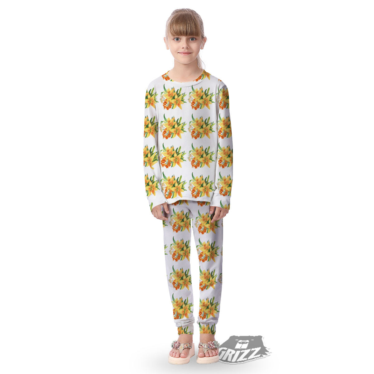 Yellow Lily Watercolor Print Pattern Kid's Pajamas-grizzshop