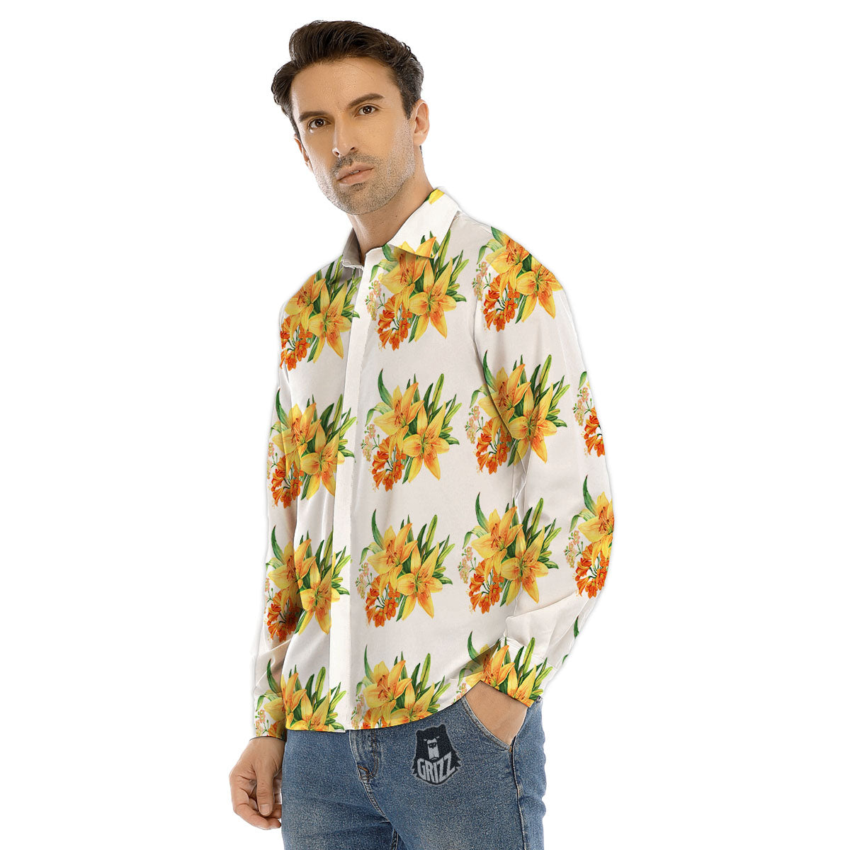 Yellow Lily Watercolor Print Pattern Men's Dress Shirts-grizzshop