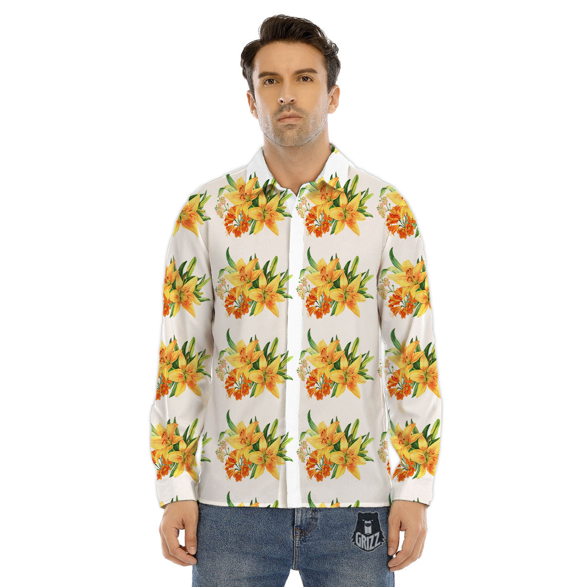 Yellow Lily Watercolor Print Pattern Men's Dress Shirts-grizzshop