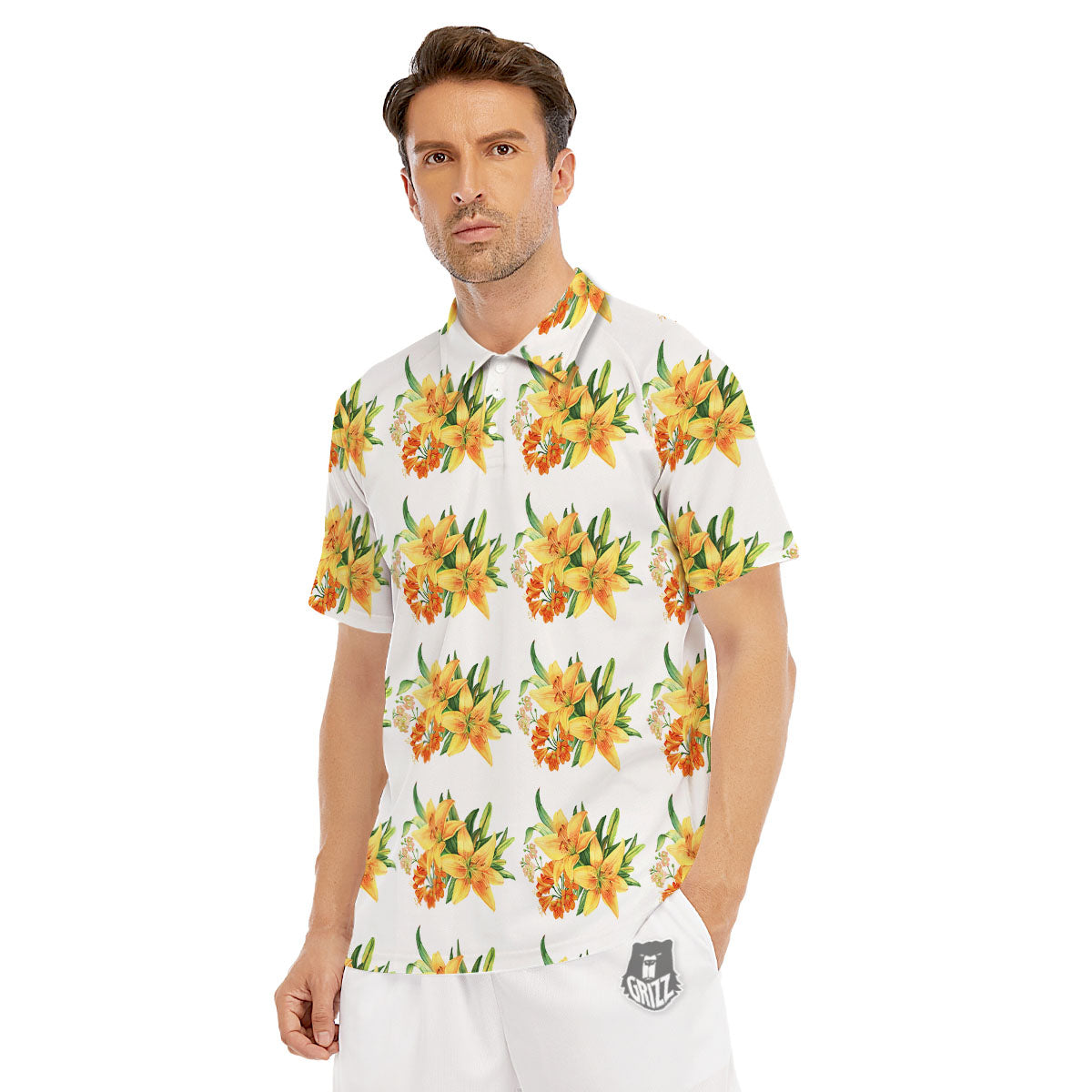 Yellow Lily Watercolor Print Pattern Men's Golf Shirts-grizzshop