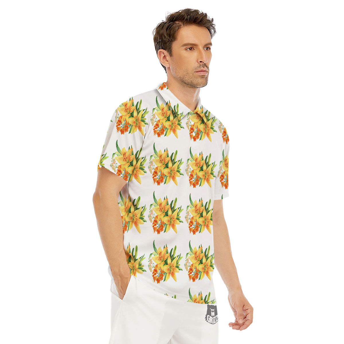 Yellow Lily Watercolor Print Pattern Men's Golf Shirts-grizzshop