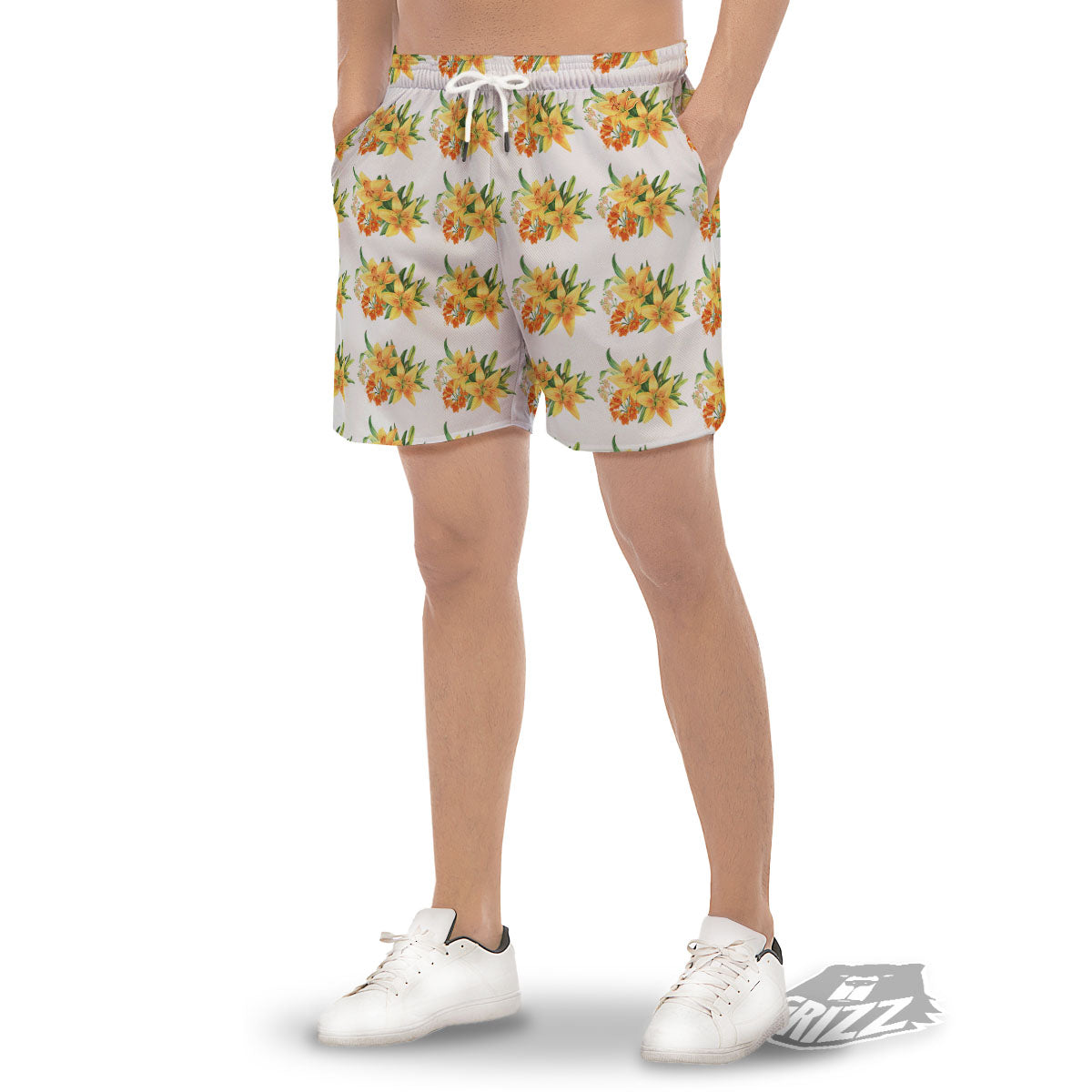Yellow Lily Watercolor Print Pattern Men's Gym Shorts-grizzshop