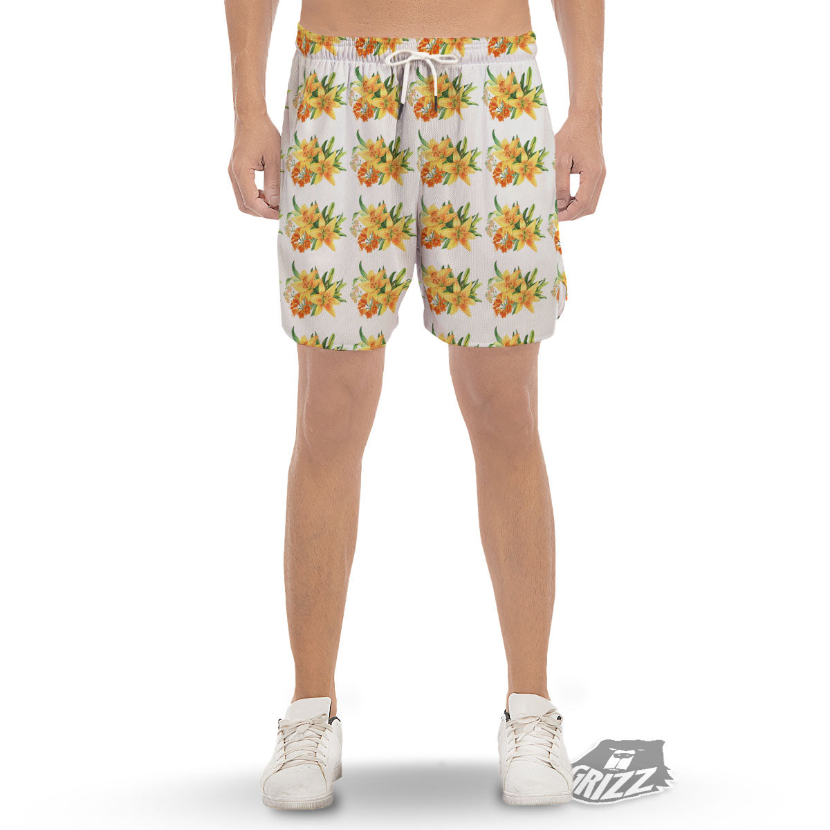 Yellow Lily Watercolor Print Pattern Men's Gym Shorts-grizzshop