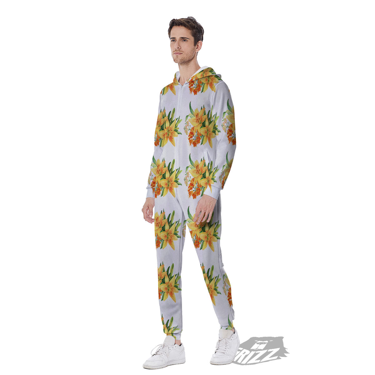 Yellow Lily Watercolor Print Pattern Men's Jumpsuit-grizzshop