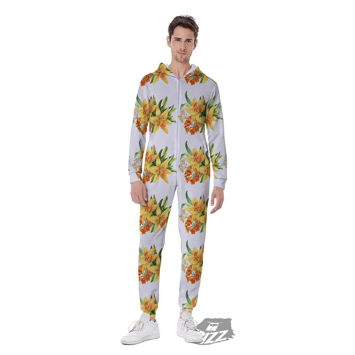Yellow Lily Watercolor Print Pattern Men's Jumpsuit-grizzshop