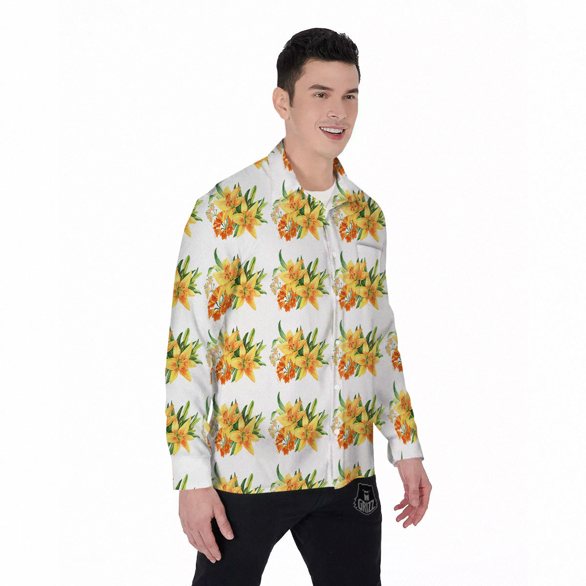 Yellow Lily Watercolor Print Pattern Men's Long Sleeve Shirts-grizzshop