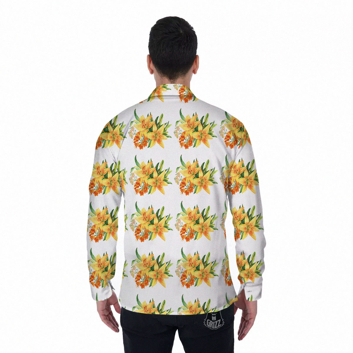 Yellow Lily Watercolor Print Pattern Men's Long Sleeve Shirts-grizzshop